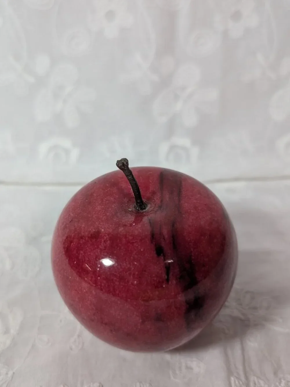 Vintage Red Marble Apple Paperweight, Unique Swirl Markings